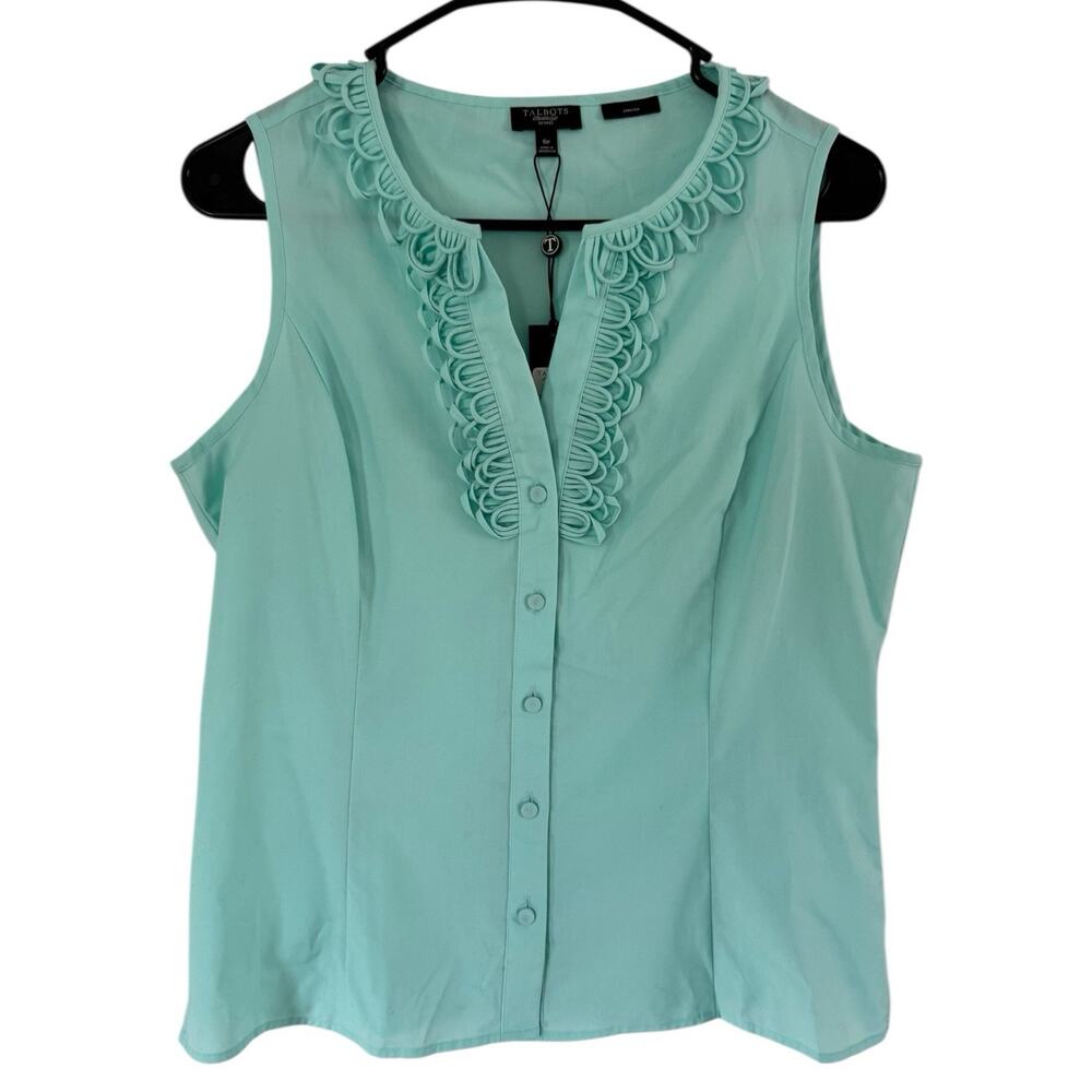 NWT Talbots Button Front Ruffle Mint Green Sleeveless Blouse Women’s Size 6